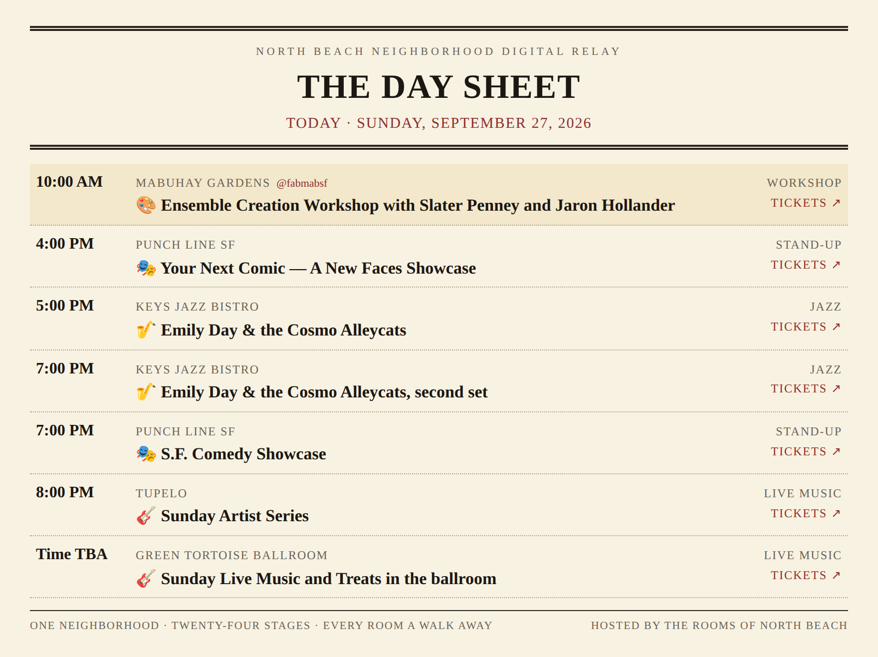 Today's day sheet for the neighborhood — times, rooms and acts