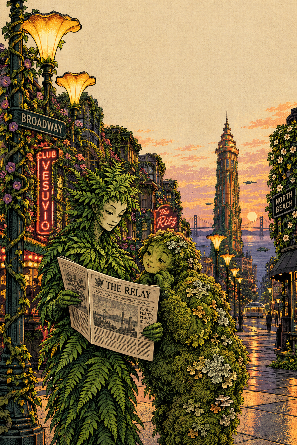 Two plant-people on a future North Beach corner at dusk, one holding a folded newspaper, beneath flowering streetlamps and vine-grown neon.