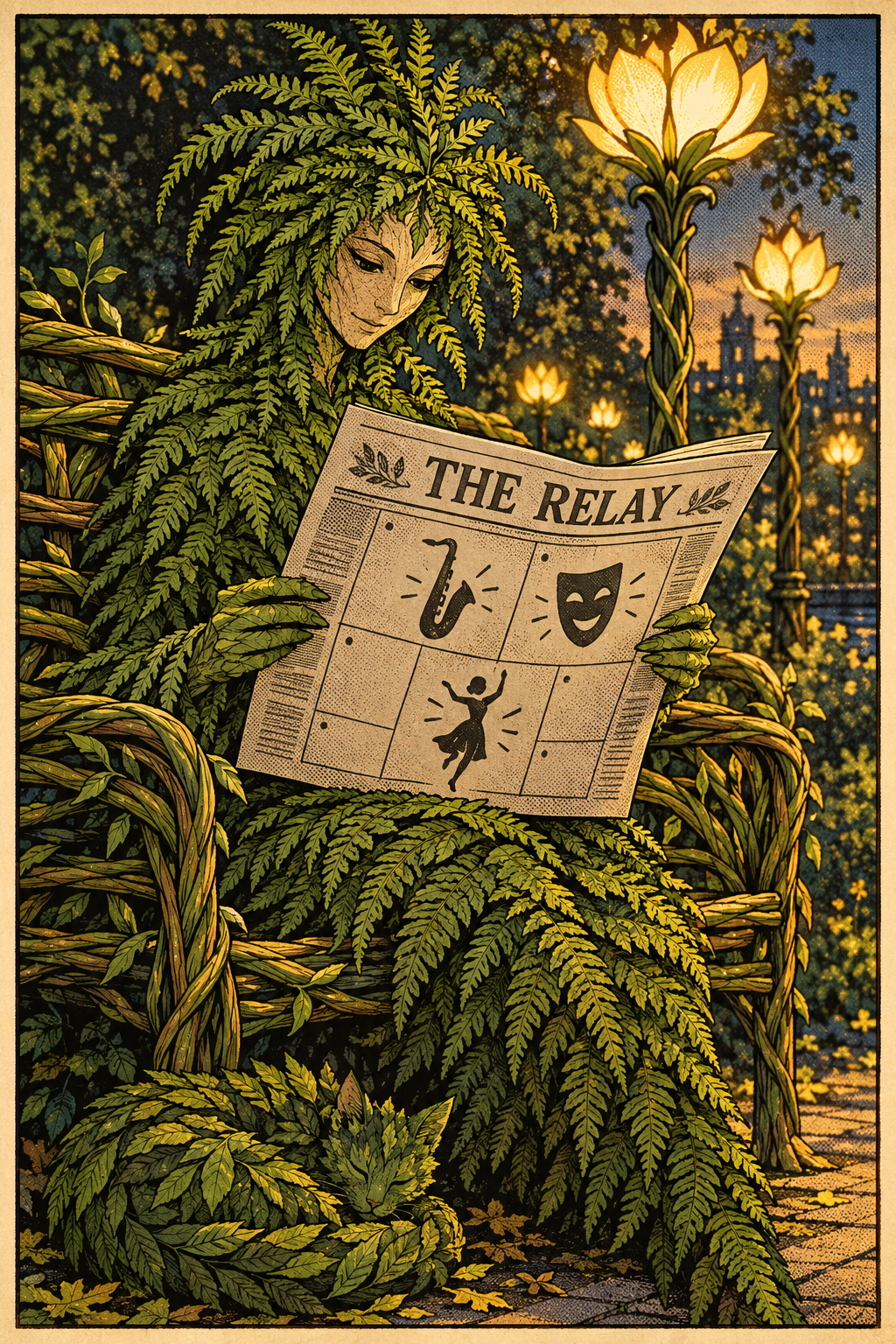 A plant-person of fern fronds reads an open newspaper whose calendar page shows glyphs: a saxophone, a comedy mask, a dancing figure.
