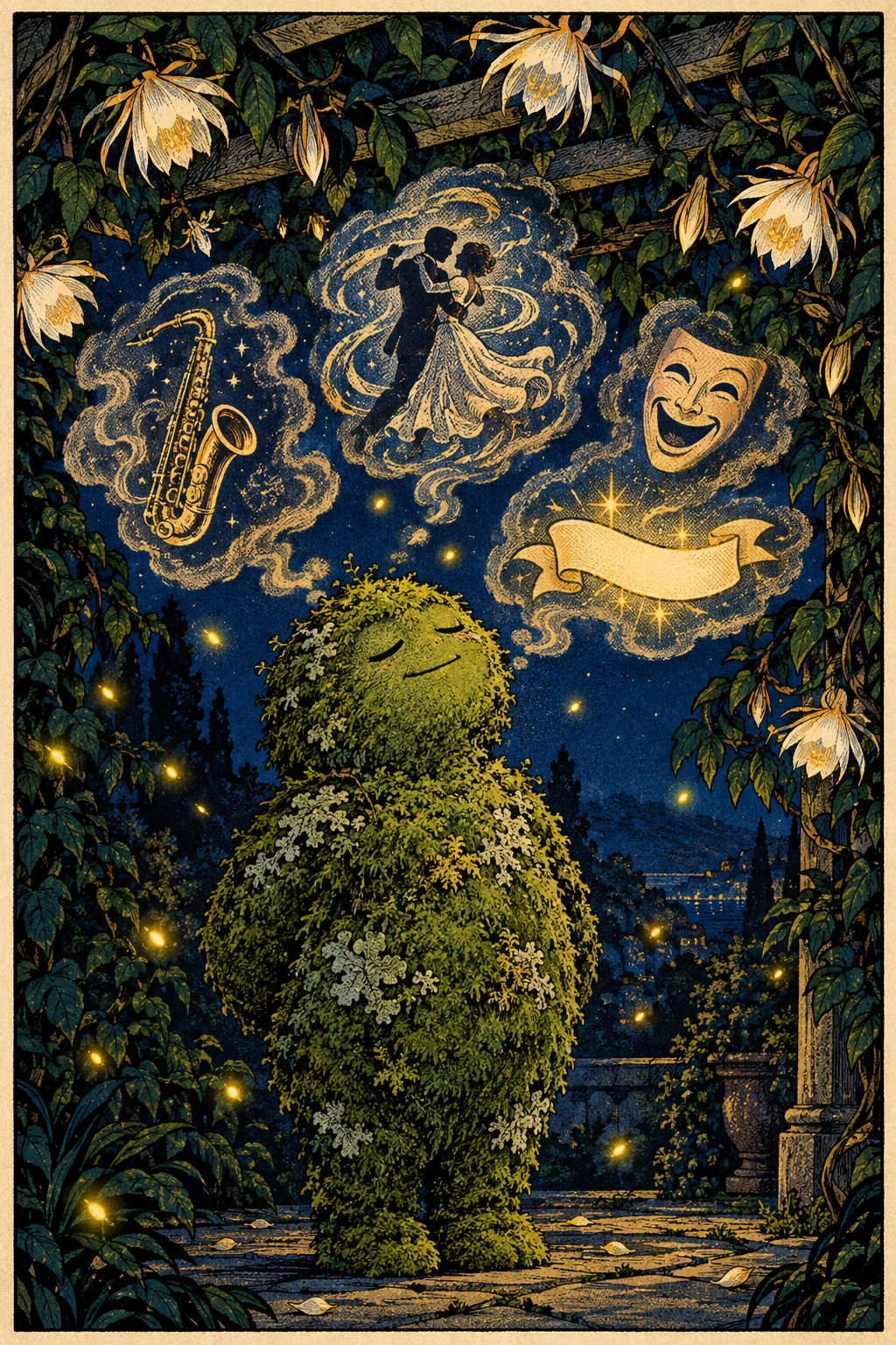 A round moss-person muses beneath night-blooming flowers while visions drift above: a saxophone, dancing figures, a laughing mask, a blank ribbon.