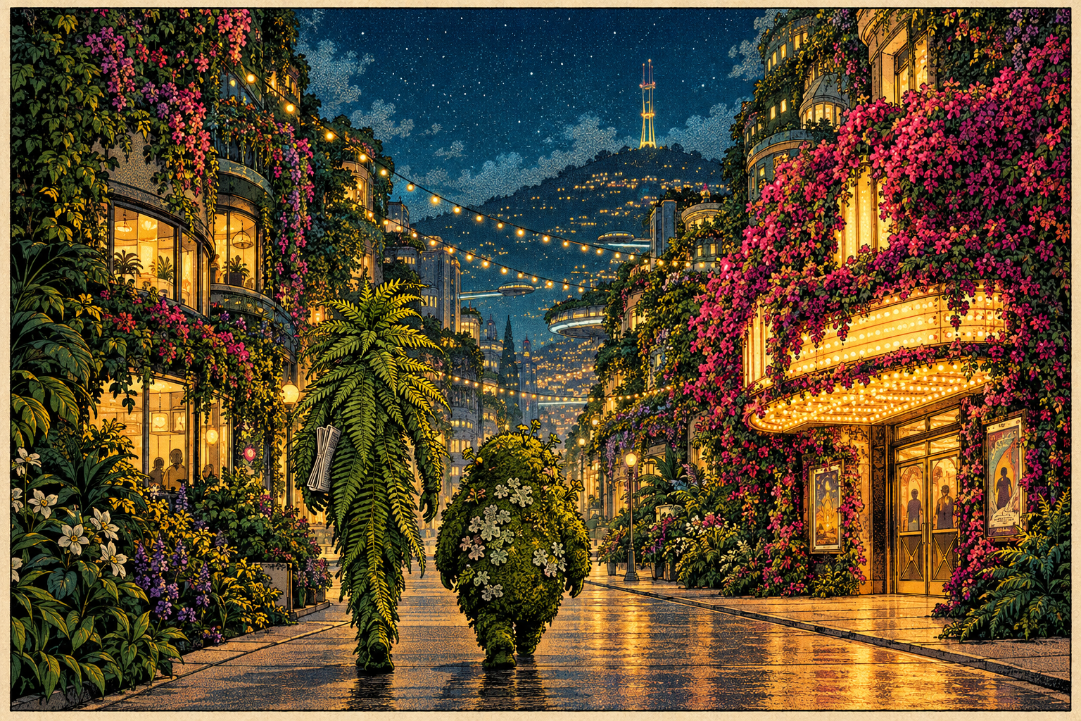 The two plant-people walk away down a garden-wrapped future street toward a small theater marquee glowing gold.