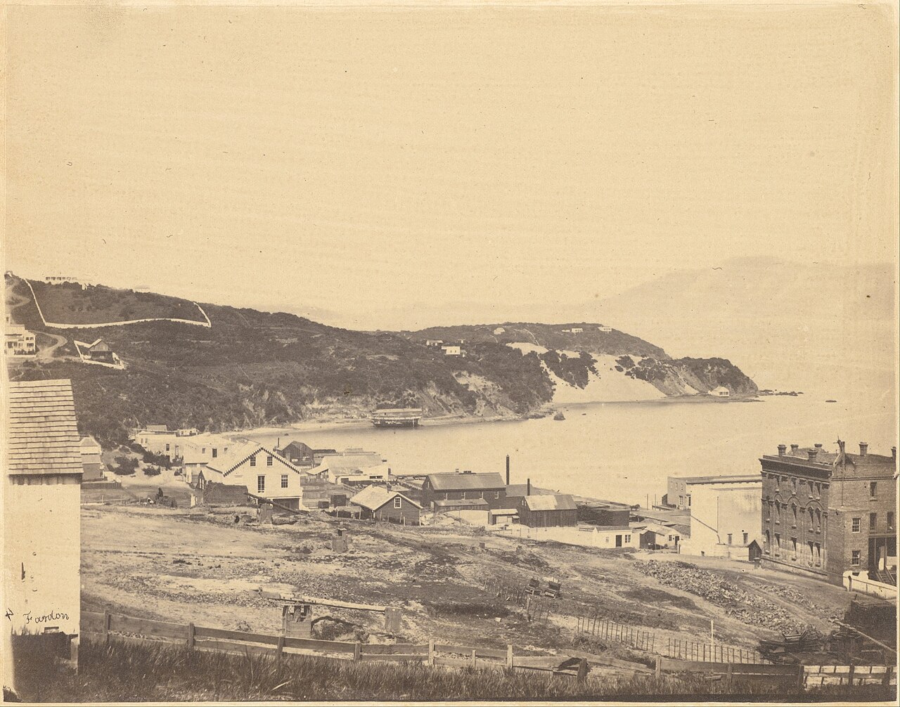 North Beach from Telegraph Hill, the 1850s — the shoreline settlement before the fill